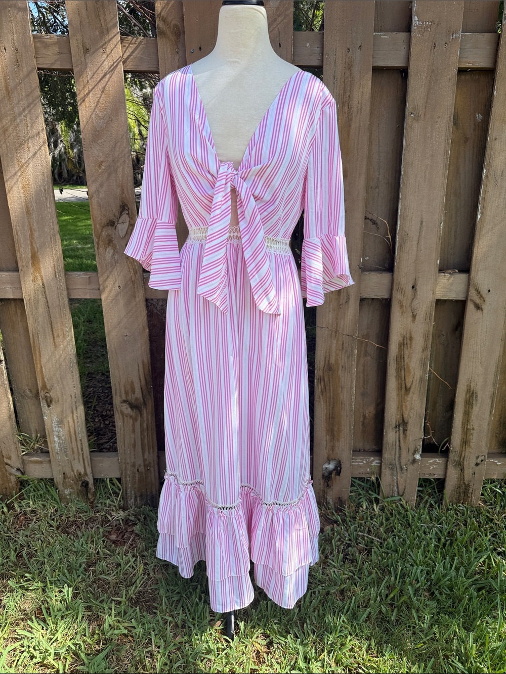 Pink Striped Tie-Front Maxi Dress